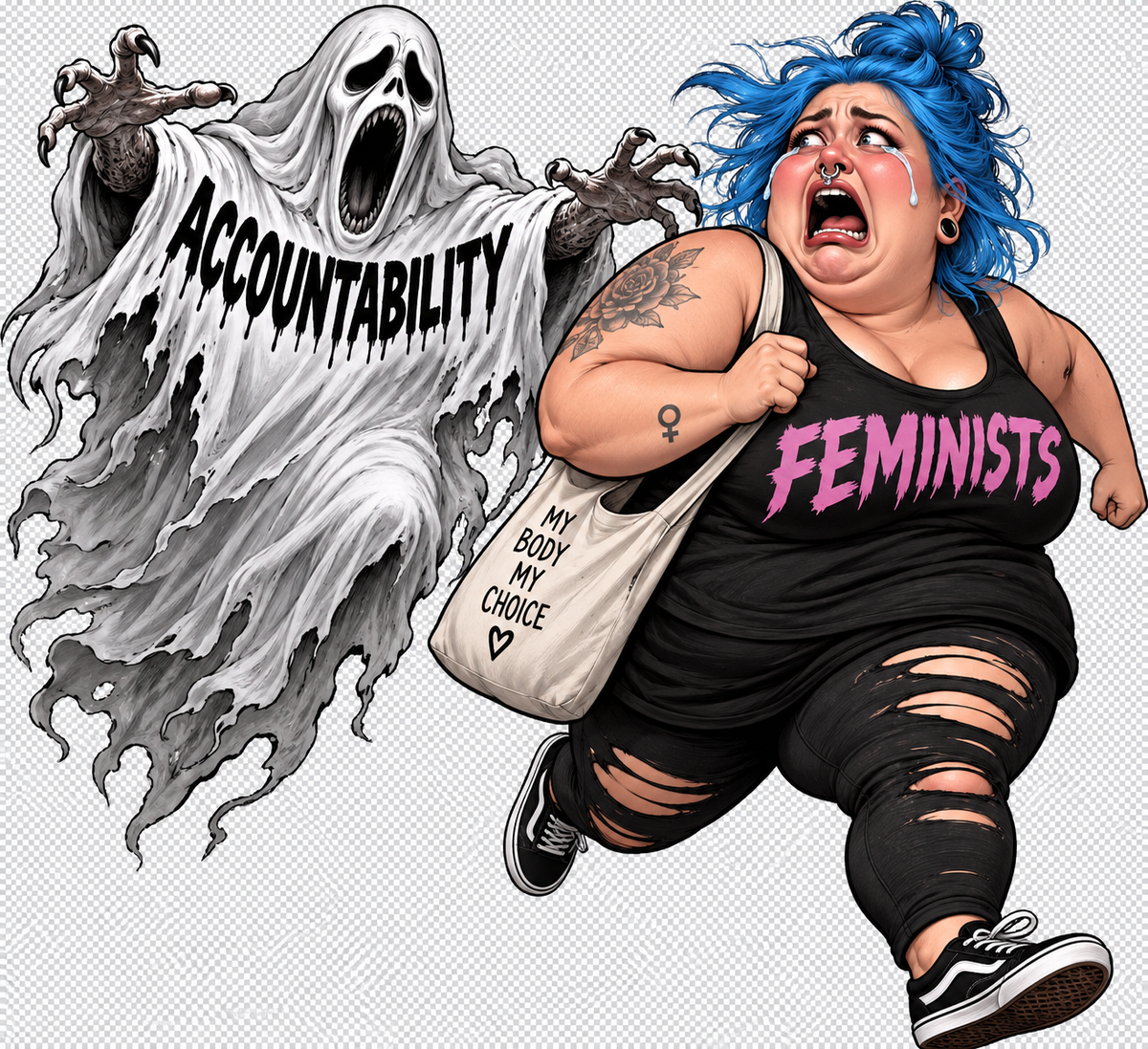 an anti-Feminism design with a "FEMINISTS VS ACCOUNTABILITY" logo