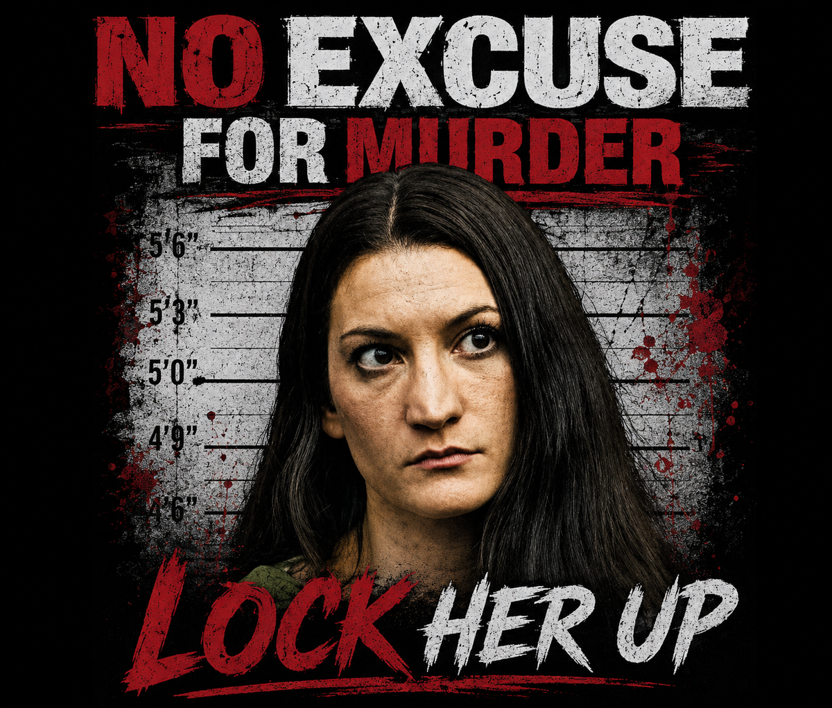 Anti-Lindsay Clancy graphic featuring a Lindsay Clancy against a police lineup background with bold red and white text reading ‘NO EXCUSE FOR MURDER’ and ‘LOCK HER UP.’