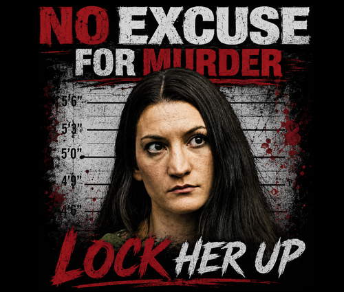 Anti-Lindsay Clancy graphic featuring a Lindsay Clancy against a police lineup background with bold red and white text reading ‘NO EXCUSE FOR MURDER’ and ‘LOCK HER UP.’