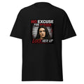 Anti-Lindsay Clancy T-shirt with "No Excuse for Murder" and "Lock Her Up" design