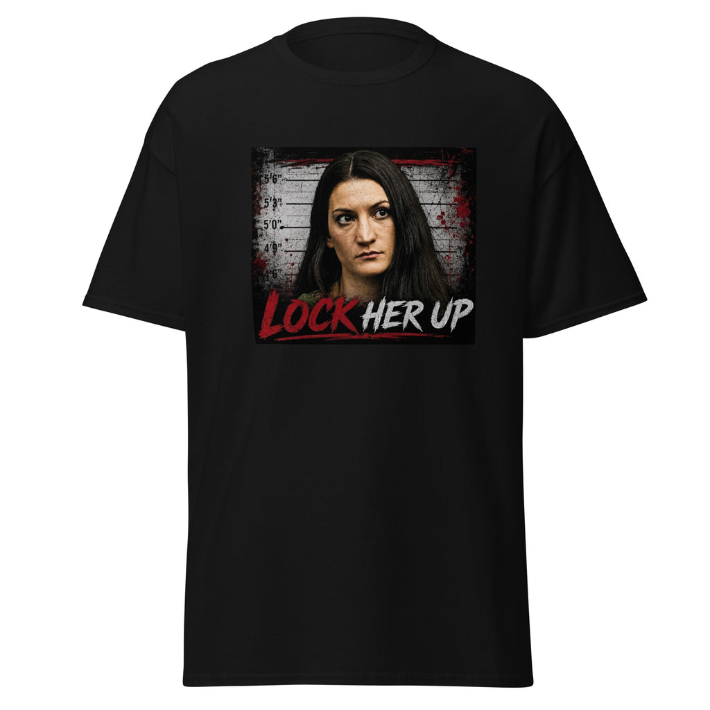 An ant-lindsay clancy black t-shirt with the words "Lock Her Up" and a picture of her face
