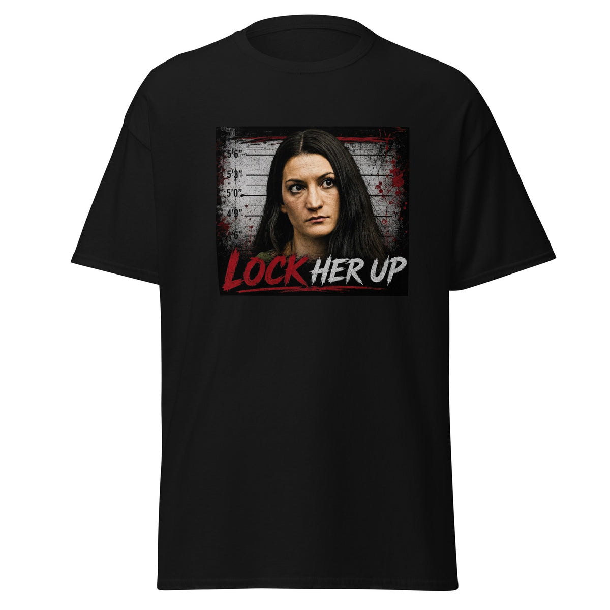 An ant-lindsay clancy black t-shirt with the words "Lock Her Up" and a picture of her face