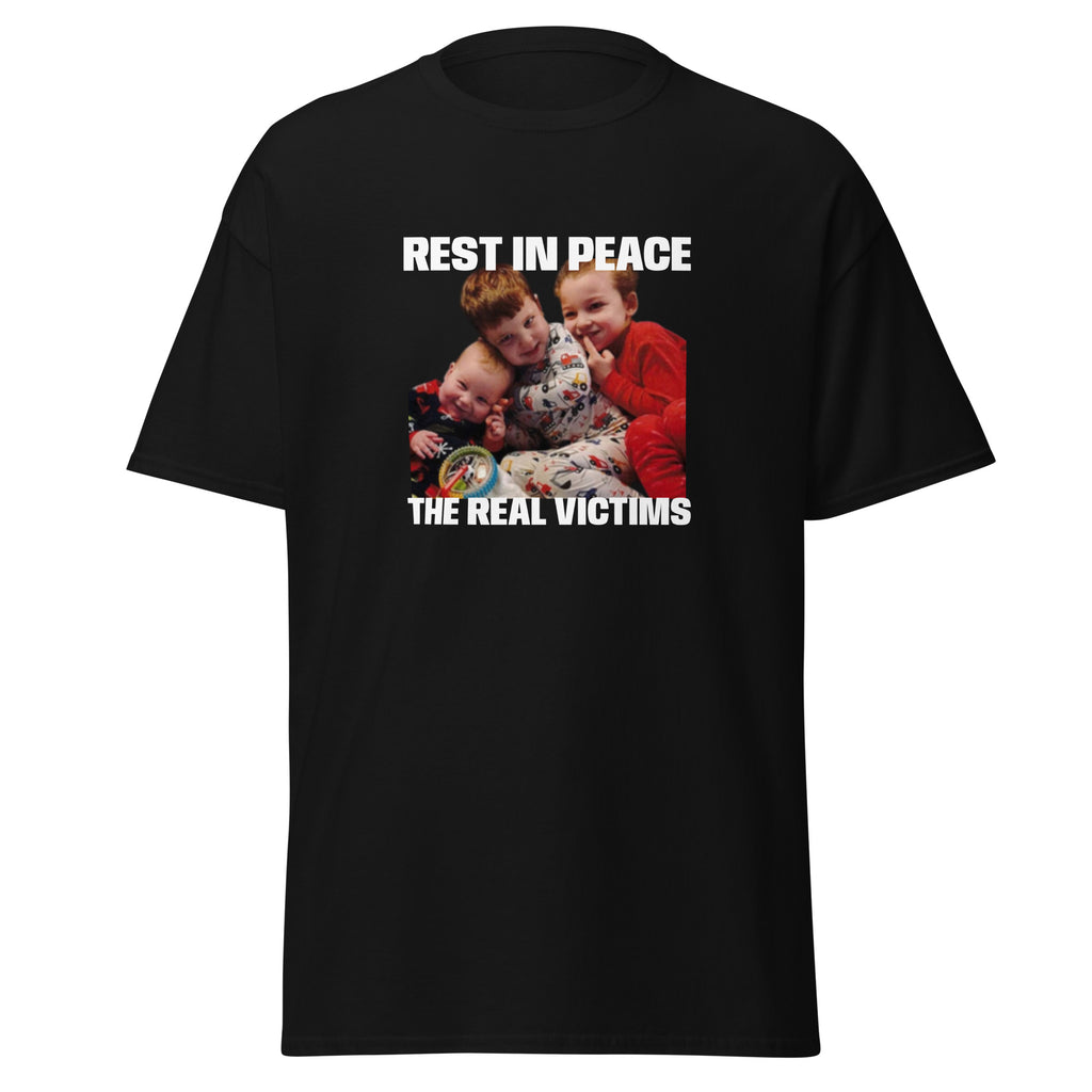 Anti-Lindsay Clancy T-Shirt featuring Cora, Dawson and Callan Clancy with “The Real Victims” design