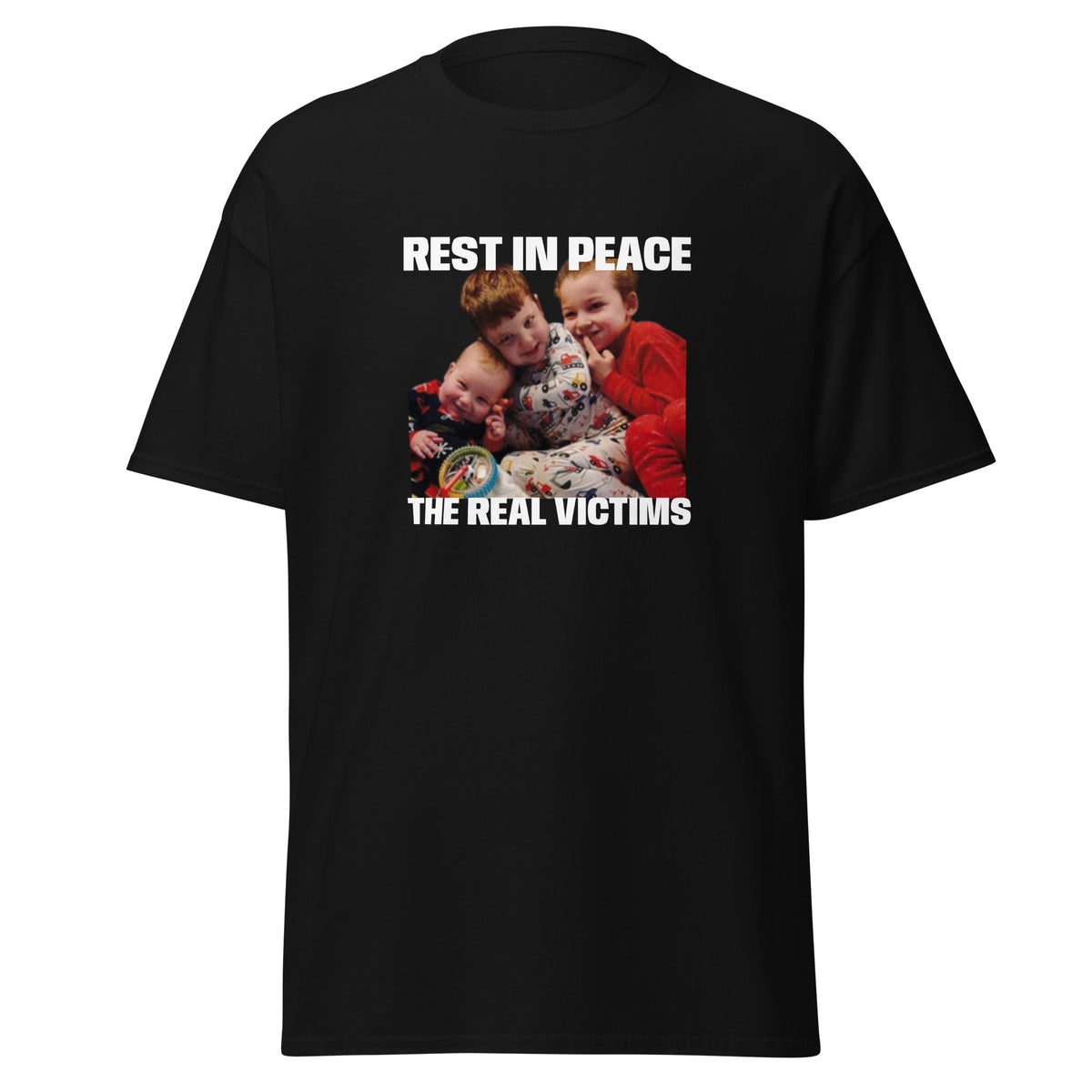 Anti-Lindsay Clancy T-Shirt featuring Cora, Dawson and Callan Clancy with “The Real Victims” design