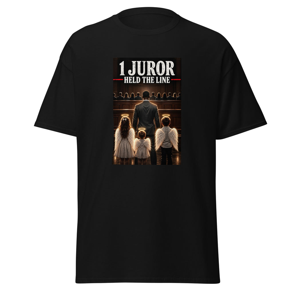A black t-shirt with a design honoring the lone holdout juror in the Lindsay Clancy case