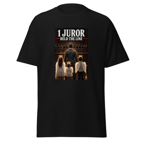 A black t-shirt with a design honoring the lone holdout juror in the Lindsay Clancy case