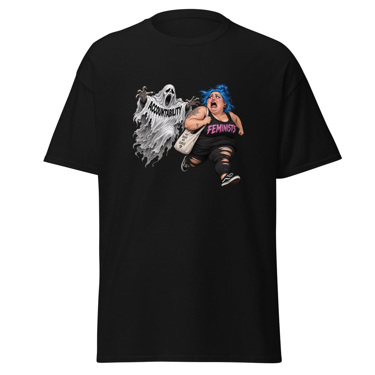 An anti-feminism t-shirt with a "FEMINISTS VS ACCOUNTABILITY" design