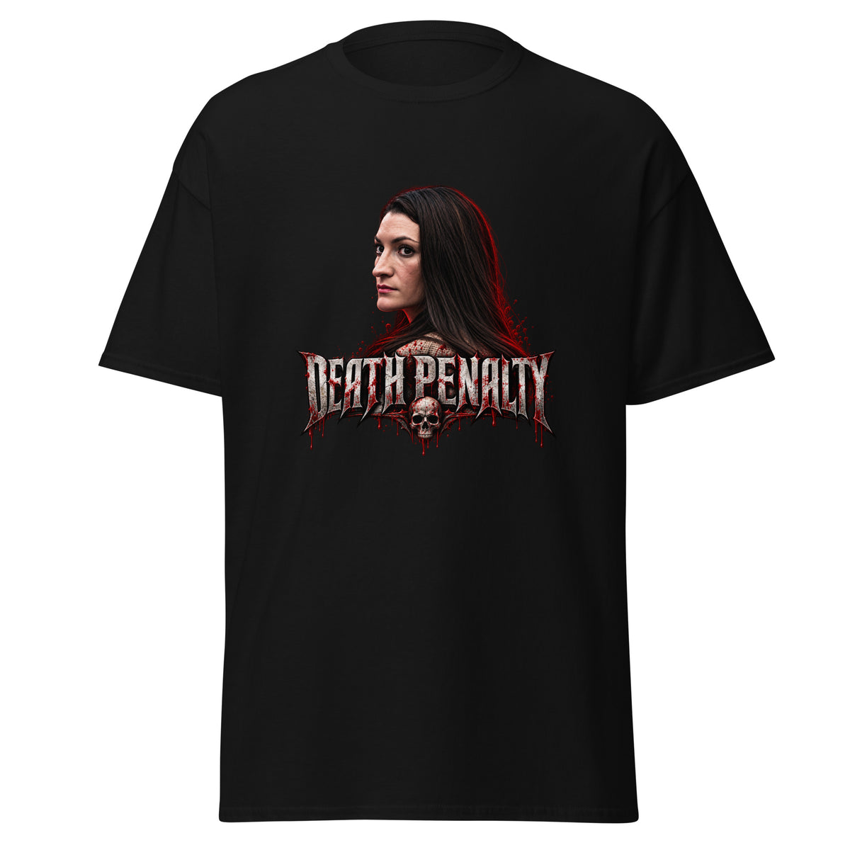 A black anti-Lindsay Clancy shirt that says "DEATH PENALTY". A Lindsay Clancy death penalty shirt.
