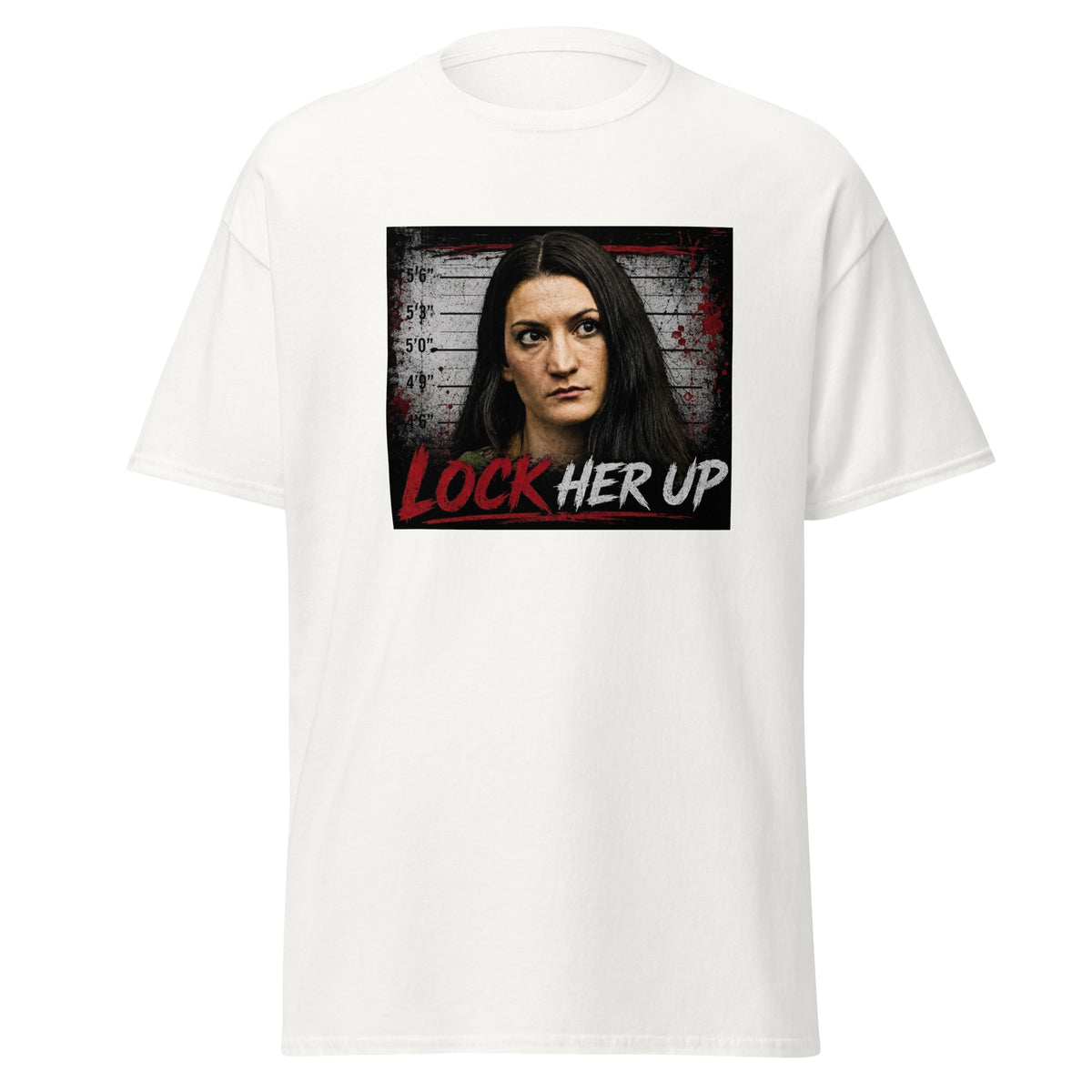 An ant-lindsay clancy white t-shirt with the words "Lock Her Up" and a picture of her face