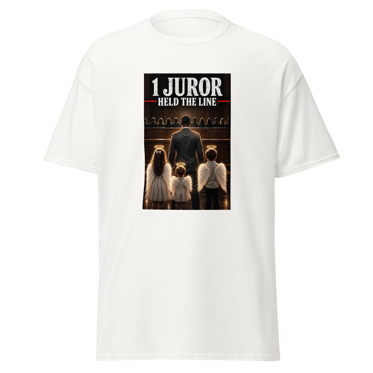 A white t-shirt with a design honoring the lone holdout juror in the Lindsay Clancy case