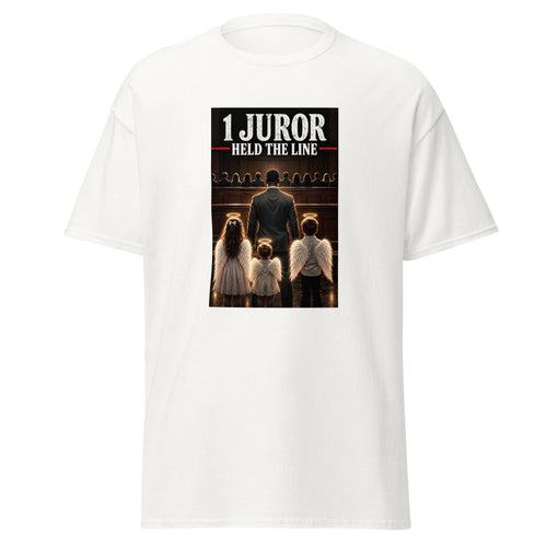 A white t-shirt with a design honoring the lone holdout juror in the Lindsay Clancy case