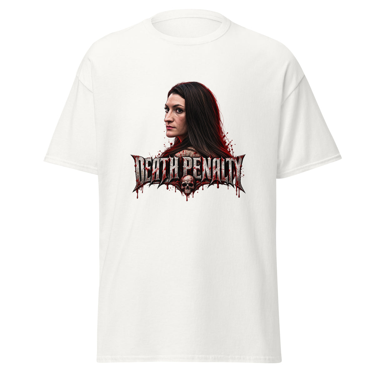A white anti-Lindsay Clancy shirt that says "DEATH PENALTY". A Lindsay Clancy death penalty shirt.